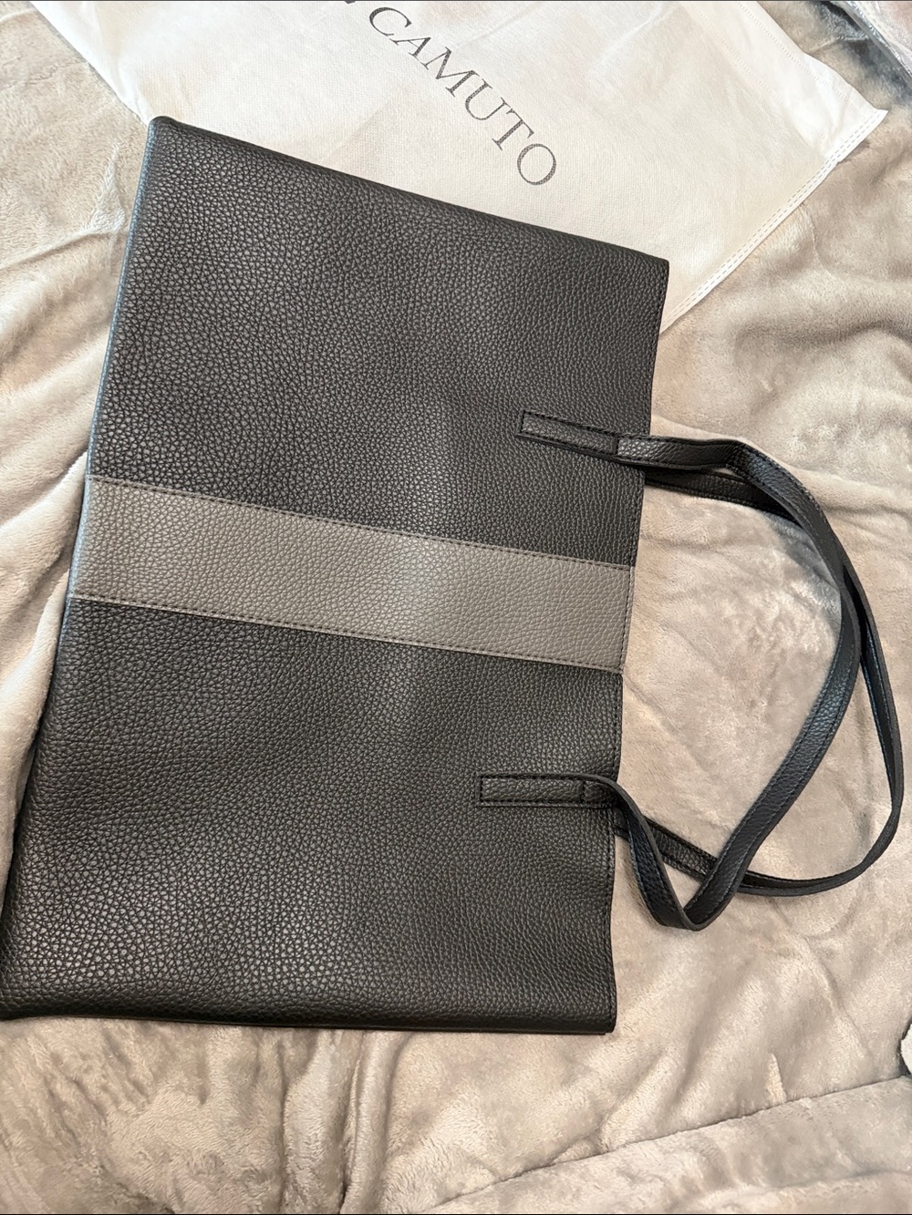 Vince Camuto Black and Gray Pebbled Leather Briefcase Tote Vegan Leather